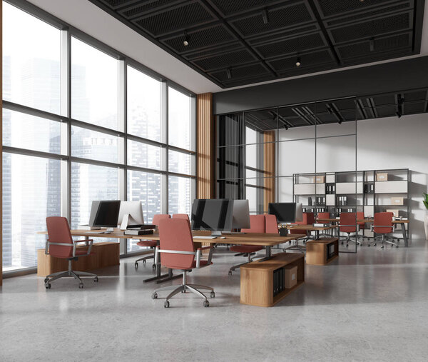 Corner view of business interior with coworking and glass meeting room, pc computers on desk with drawer. Panoramic window on Singapore skyscrapers. 3D rendering