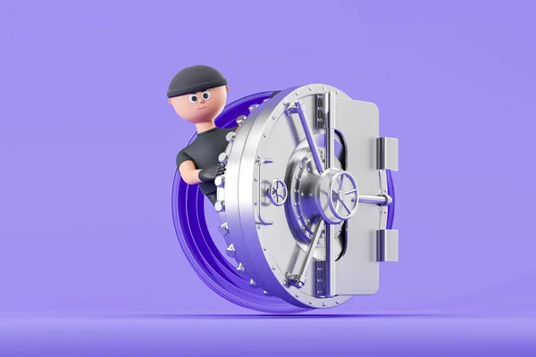 Cartoon man scammer standing in a bank vault on purple background, stealing money. Concept of account hacked, fraud and financial security. 3D rendering illustration