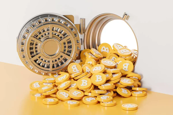 Opened metal bank vault with pile of bitcoins on the floor. Concept of financial security, cryptocurrency storage and investment. 3D rendering illustration