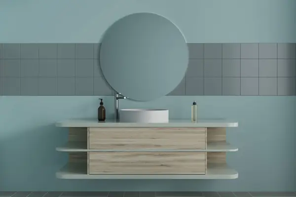 蓝色的家庭浴室内部与水池和木制虚荣心 镜子和架子与配件 在简约的豪华公寓里洗澡 3D渲染 — 图库照片