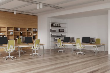 Ortak masadaki bilgisayar ve ahşap zemindeki ofis içi bilgisayar ortak görüşü. Minimalist mobilyaları ve teknolojisi olan şık bir iş yeri. 3B görüntüleme