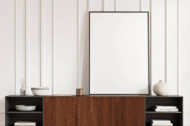 Şık bir oturma odası ahşap büfe, minimalist sanat dekorasyonu ve raflarda kitaplar. Tuvalin posterini ve döşeme duvarını düzenle. 3B görüntüleme