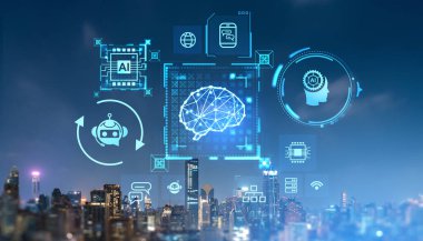 Bulanık şehrin arka planında yapay zeka arayüzü var. Makine öğrenme ve yüksek teknoloji kavramı