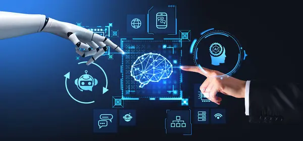 Human and robot fingers touching digital hologram with AI brain, diverse futuristic technologies icons. Artificial intelligence and virtual assistant. Concept of machine learning and innovation