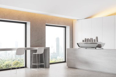 Lüks bar manzarası, taş tezgah ve kahve fincanları, masa ve beton zeminde tabure olan yemek alanı. Bangkok gökdelenlerinin panoramik penceresi. 3B görüntüleme