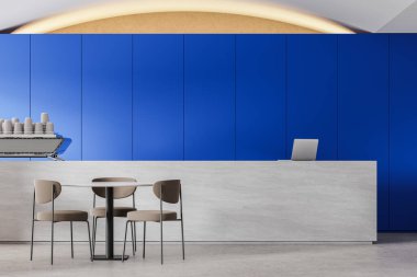 Mavi duvarları, beton zemini, devasa bar tezgahı ve sandalyeli rahat yuvarlak masası olan şık bir restoran. 3d oluşturma