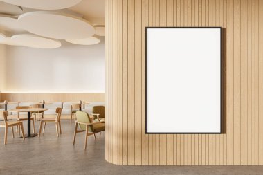 Sıcak bej restoranın içinde sandalyeler, masa ve açık beton zemin var. Duvar kenarındaki kanepe, minimalist yeme alanı, ahşap bölmede tuval posteri var. 3B görüntüleme