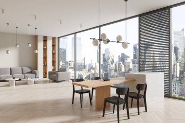 Oturma odası manzarası, kanepe ve dekorasyon, sandalyeli yemek masası. New York gökdelenlerinde panoramik penceresi olan şık bir stüdyo daire. 3B görüntüleme