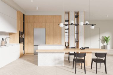 Ahşap ve beyaz mutfak. Yemek masası, sandalyeler, ahşap döşeme. Lüks yemek odası, rafları ve görünmez kapısı olan yemek dolabı. 3B görüntüleme