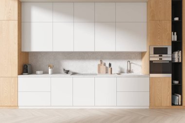 Beyaz ve ahşap duvarları, beton zemini, beyaz dolapları ve lavabo ve fırında yapılmış dolapları olan şık bir mutfak. 3d oluşturma