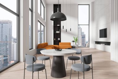 Beyaz duvarları, ahşap zemini olan modern yemek odasının içi sandalyeli ve arka planında turuncu kanepe olan oturma odası olan yuvarlak yemek masası. 3d oluşturma