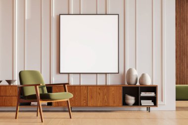 Beyaz duvarlı, ahşap zeminli, ahşap koltuklu, ahşap şifoniyerin yanında duran ve kare şeklinde afişi olan şık bir oturma odası. 3d oluşturma