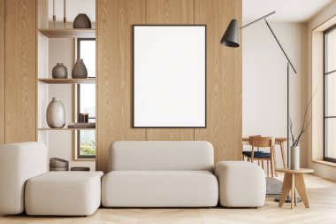 Modern oturma odasının içinde kanepe ve dekorasyonlu raf bölmesi, açık beton zemin. Bangkok gökdelenlerinin panoramik penceresi. Tuvalin posterini hazırla. 3B görüntüleme