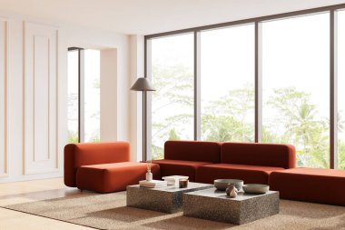 Otel odasının iç manzarası modüler turuncu kanepe, halı üzerinde sehpa, ahşap zemin. Minimalist mobilyaları ve tropik bölgelerde panoramik pencereleri olan rahatlatıcı bir yer. 3B görüntüleme