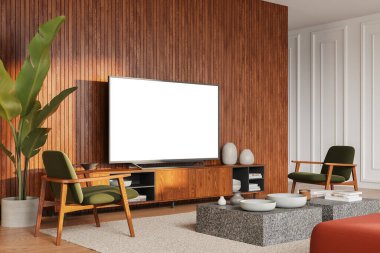 Toplantı odasının iç manzarası, büfenin üzerinde TV 'nin boş ekranı, iki koltuğu ve sanat dekorasyonlu kahve masası olan rahat bir yer. 3B görüntüleme