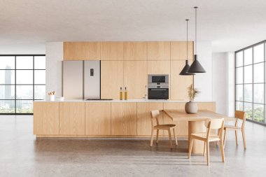 Beyaz ve ahşap mutfak masası, sandalyeler, Bangkok gökdelenlerinin panoramik penceresi. Bar adası, dolap ve buzdolabı ile yemek pişirme ve yeme alanı. 3B görüntüleme