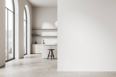 Beyaz duvarları, beton zemini, beyaz dolapları, tabureli rahat beyaz adası ve sağında kopya duvarı olan modern mutfağın içi. 3d oluşturma