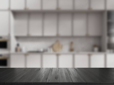 Beyaz duvarları, rahat gri dolapları ve dolapları olan bulanık mutfakta duran siyah ürün masası. 3d oluşturma