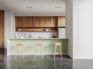 Yeşil ve ahşap mutfak iç mimarisi bar adası ve taburesi, mutfak gereçleriyle dolu dolap. Yemek ve yemek alanı, gri granit zemindeki buzdolabı. 3B görüntüleme