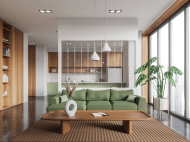 Modern ev stüdyosu. Halıda kanepe, gri beton zemin. Bar adası ve dolap ile yemek pişirme alanı. Singapur gökdelenlerinin panoramik penceresi. 3B görüntüleme