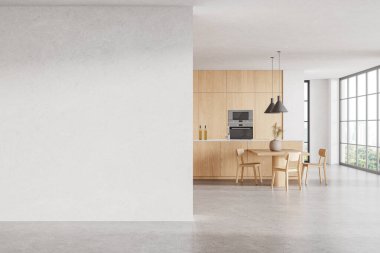 Bar adası ve dolabı olan modern ev mutfağı, sandalyeli ahşap yemek masası. Minimalist tasarım ve Bangkok gökdelenlerinin panoramik penceresi. Boş duvarı kopyala. 3B görüntüleme