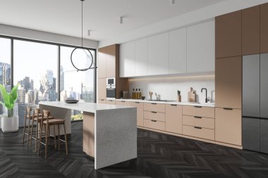 Beyaz duvarları, ahşap zemini, lavabosu, ocağı ve taburesi olan rahat bir adası olan bej dolapları olan şık bir mutfağın köşesi. 3d oluşturma