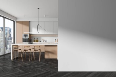 Bar adası, tabure ve New York gökdelenlerinin panoramik penceresi olan şık bir ev mutfağı. Minimalist mobilyalarla yemek pişirme ve yeme alanı. Boş duvar bölmesini düzenle. 3B görüntüleme