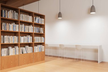 Şık bir kütüphane manzarası, içi kitaplarla dolu ahşap bir kitaplık, minimalist masa ve beyaz bar taburesi. Okuma ya da öğrenme alanı. 3B görüntüleme