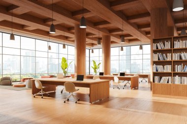 Kütüphanenin içi, çalışma masası, sandalyeler, ahşap zemin. Yumuşak bir yer ve dekorasyonla çalışma alanı. Bangkok gökdelenlerinin panoramik penceresi. 3B görüntüleme