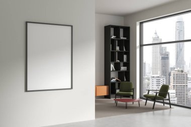 Ev oturma odasının köşesi... iki koltuk ve kahve masası, dekorasyonlu raf, beton zeminde halı. Bangkok 'ta panoramik pencere. Boş tuval posteri yap. 3B görüntüleme