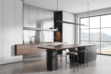 Lüks ev mutfağı manzarası bar adası ve taburesi, yan görüş gri beton zemin. Kırsal kesimde dolap ve panoramik pencereli yemek ve yemek köşeleri. 3B görüntüleme