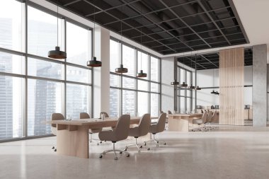 Toplantı masası ve koltuklu iç mekan manzarası aydınlık beton zeminde dokümanları olan büfe. Singapur gökdelenlerinin panoramik penceresi. 3B görüntüleme