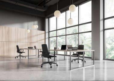 Ofis manzarası, dizüstü bilgisayar, koltuklar, gri beton zemin. Tropiklerde panoramik penceresi olan minimalist iş yeri. 3B görüntüleme