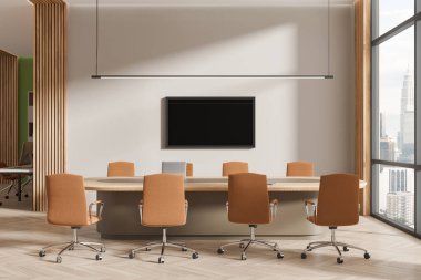 Tahta ve sandalyelerle bej ve ahşap iç mekan, duvarda televizyon ekranı. Kuala Lumpur gökdelenlerinde panoramik pencereli bir iş alanı. 3B görüntüleme