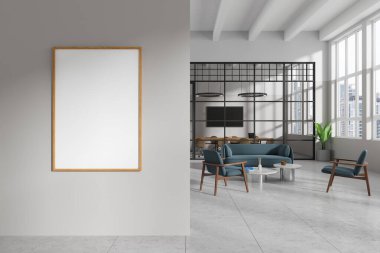 Modern ofis bekleme odasının içinde beyaz duvarlar, fayanslı zemin, mavi kanepe ve sehpanın yanında duran koltuklar ve dikey taklit poster. 3d oluşturma