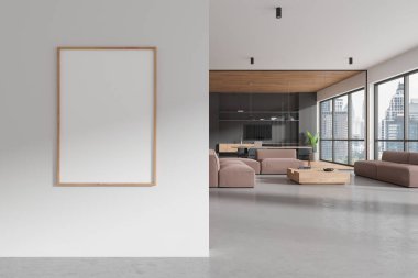 Modern ofis bekleme odasının içinde ahşap duvarlar, beton zemin ve sehpanın yanında duran rahat bej koltuklar. Solda dikey maket posteri var. 3d oluşturma