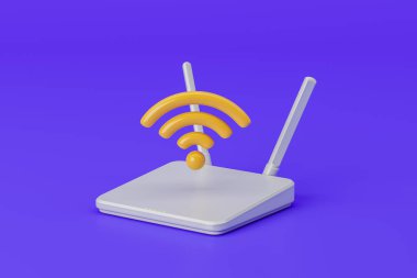 İki antenli beyaz kablosuz yönlendirici, renkli arka planda sarı internet bağlantısı sembolü. Bağlantı, sinyal ve teknoloji kavramı. 3B resimleme