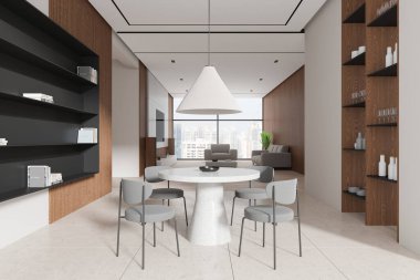 Kanepe ve televizyon konsolu olan modern ev içi oturma odası, fayans beton zeminde koltuklu yemek masası. Singapur gökdelenlerinin panoramik penceresi. 3B görüntüleme