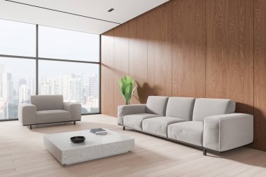 Oturma odasının köşesinde gri koltuklar ve kanepe, parke zeminde kahve masası. Minimalist mobilyalar ve gökdelenlerin panoramik pencereleriyle rahatlama alanı. 3B görüntüleme