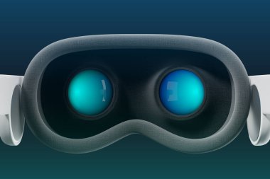 VR gözlüklerinin arkası, yakın plan. Yeni fütüristik teknoloji kavramı, yenilik, sanal, artırılmış gerçeklik ve profesyonel lensler. 3B resimleme