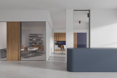 Beyaz duvarları, beton zemini ve rahat mavi resepsiyonlu şık ofis bekleme odası. Konferans odası arka planda. 3d oluşturma