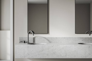 Gri duvarları olan modern banyonun içi ve üzerinde iki dikey ayna olan çift lavabo. 3d oluşturma