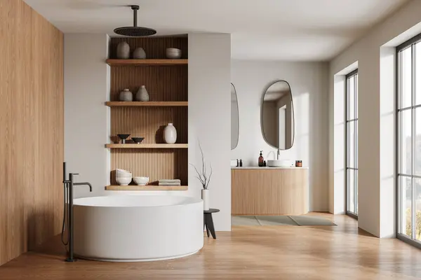 现代浴室的内部有米黄色墙壁 木制地板 舒适的圆形浴缸和双水槽与两个椭圆形镜子 3D渲染 — 图库照片