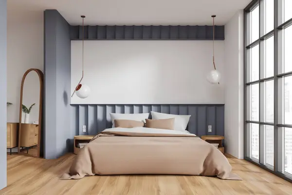 Luxury home bedroom interior bed and nightstand on hardwood floor. Stylish sleep room with panoramic window on skyscrapers. Mock up canvas whiteboard. 3D rendering