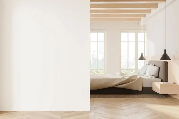 Interior of modern bedroom with white walls, wooden floor, comfortable king size bed with two bedside tables and copy space wall on the left. 3d rendering