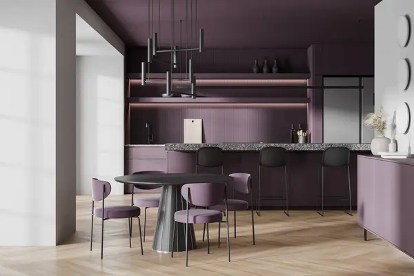 Purple home kitchen interior with bar counter and dining table, cabinet with kitchenware and drawer with decoration. Eating and cooking space with luxury design. 3D rendering