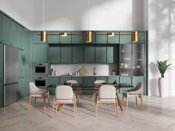 Interior Modern Kitchen White Walls Wooden Floor Green Cabinets Cupboards — Stock Photo, Image