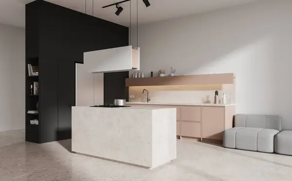 Corner view of flat studio interior with bar island and cabinet, sofa on light concrete floor. Cooking and relaxing space with refrigerator and decoration. 3D rendering
