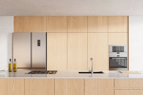 现代木制家庭厨房内部与酒吧岛 木制橱柜和架子 洗涤槽和冰箱 时尚的烹调空间与现代家具 3D渲染 — 图库照片