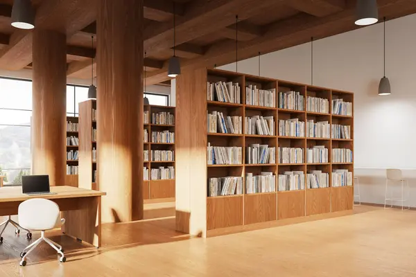 Vista Canto Interior Biblioteca Com Mesa Cadeiras Piso Madeira Sala — Fotografia de Stock